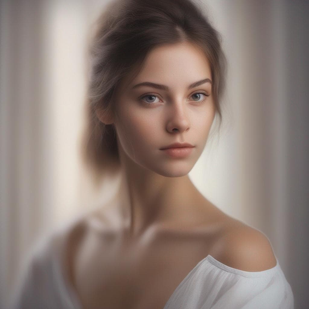 Portrait of a young woman with dark hair tied back, wearing a white off-shoulder top, against a softly blurred pale interior.