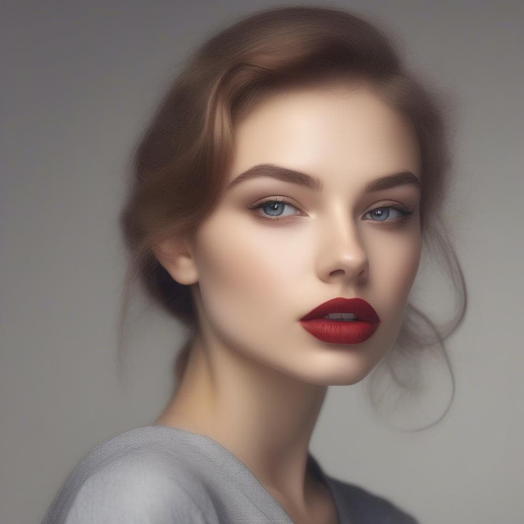 Beauty close-up of a woman in three-quarter profile with red lipstick and hair pinned back, on a plain grey backdrop.
