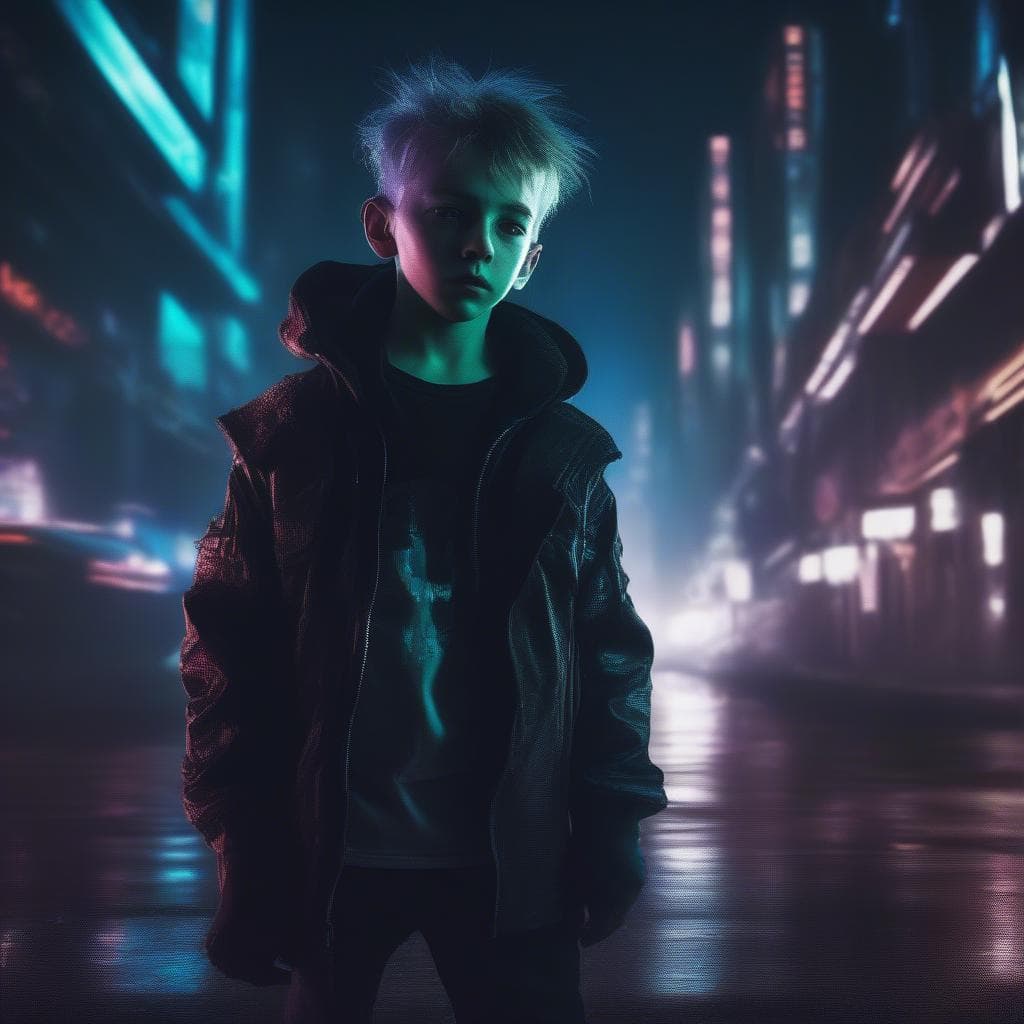 A boy in an oversized jacket standing on a wet neon-lit street at night, teal and magenta signs reflecting off the ground.