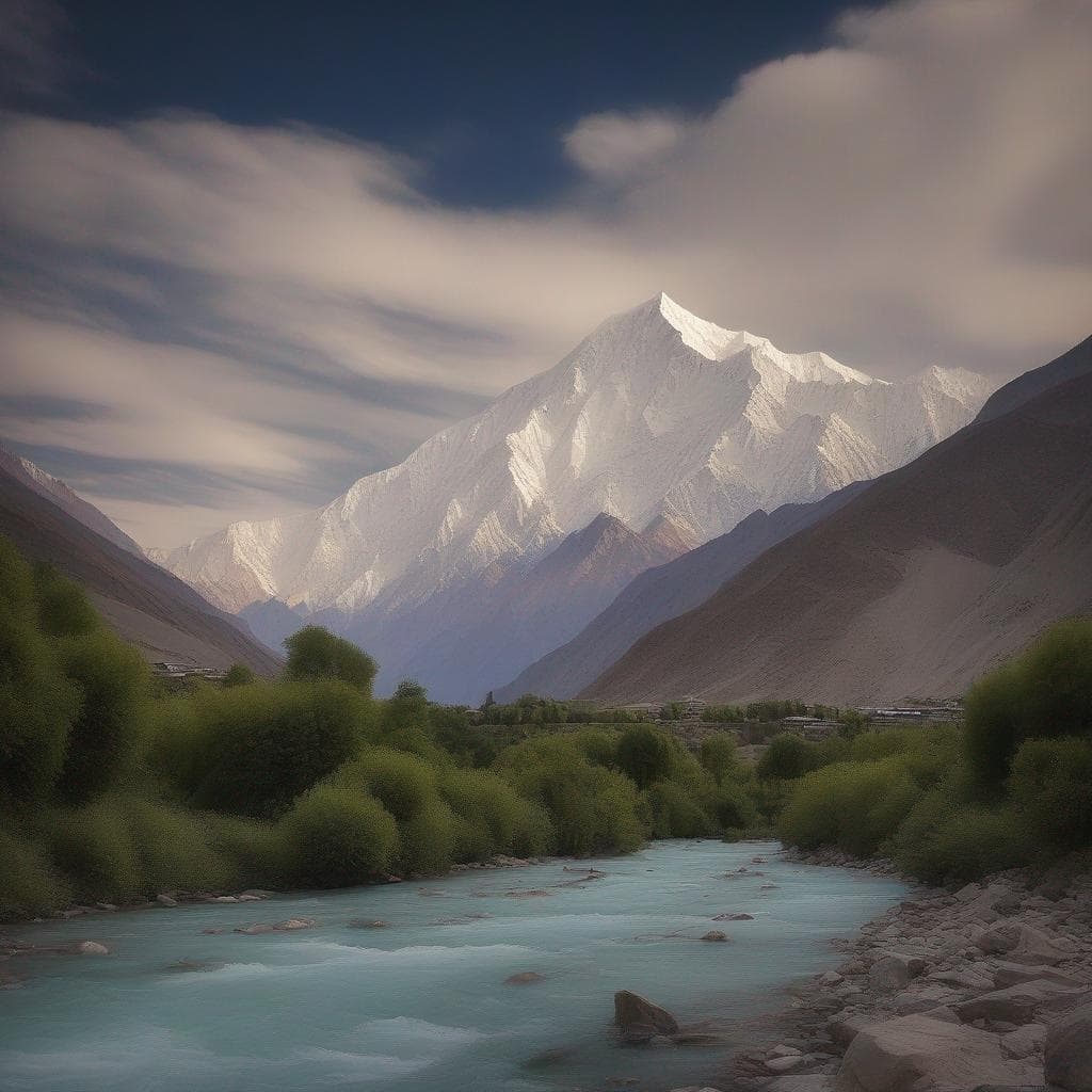 A snow-capped mountain rising over a green valley, with a turquoise glacial river running through rocky banks under heavy cloud.