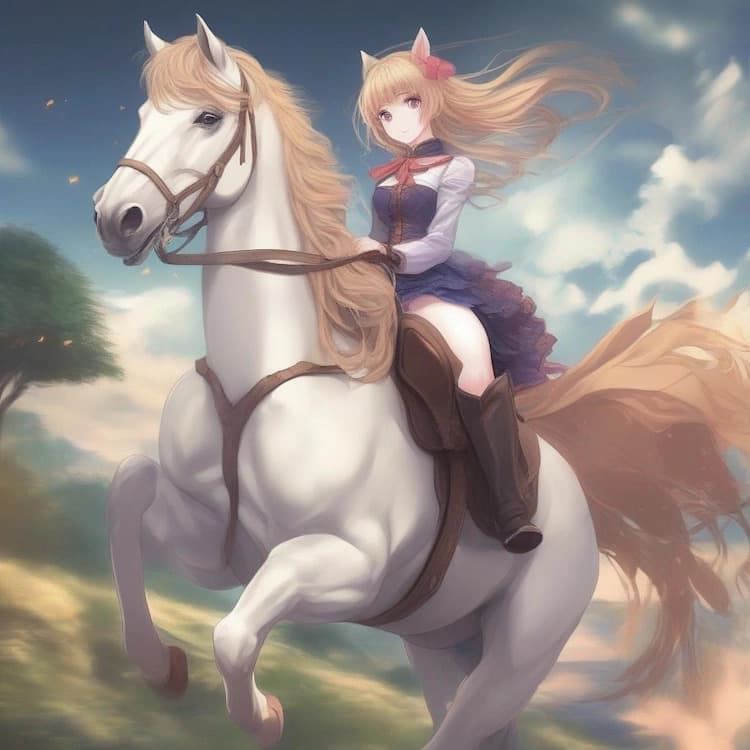 Anime illustration of a blonde girl in a blue dress riding a white horse across a sunlit meadow.