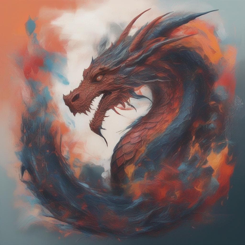A coiled red and dark blue dragon rendered in loose expressive brushstrokes against an orange and grey wash.