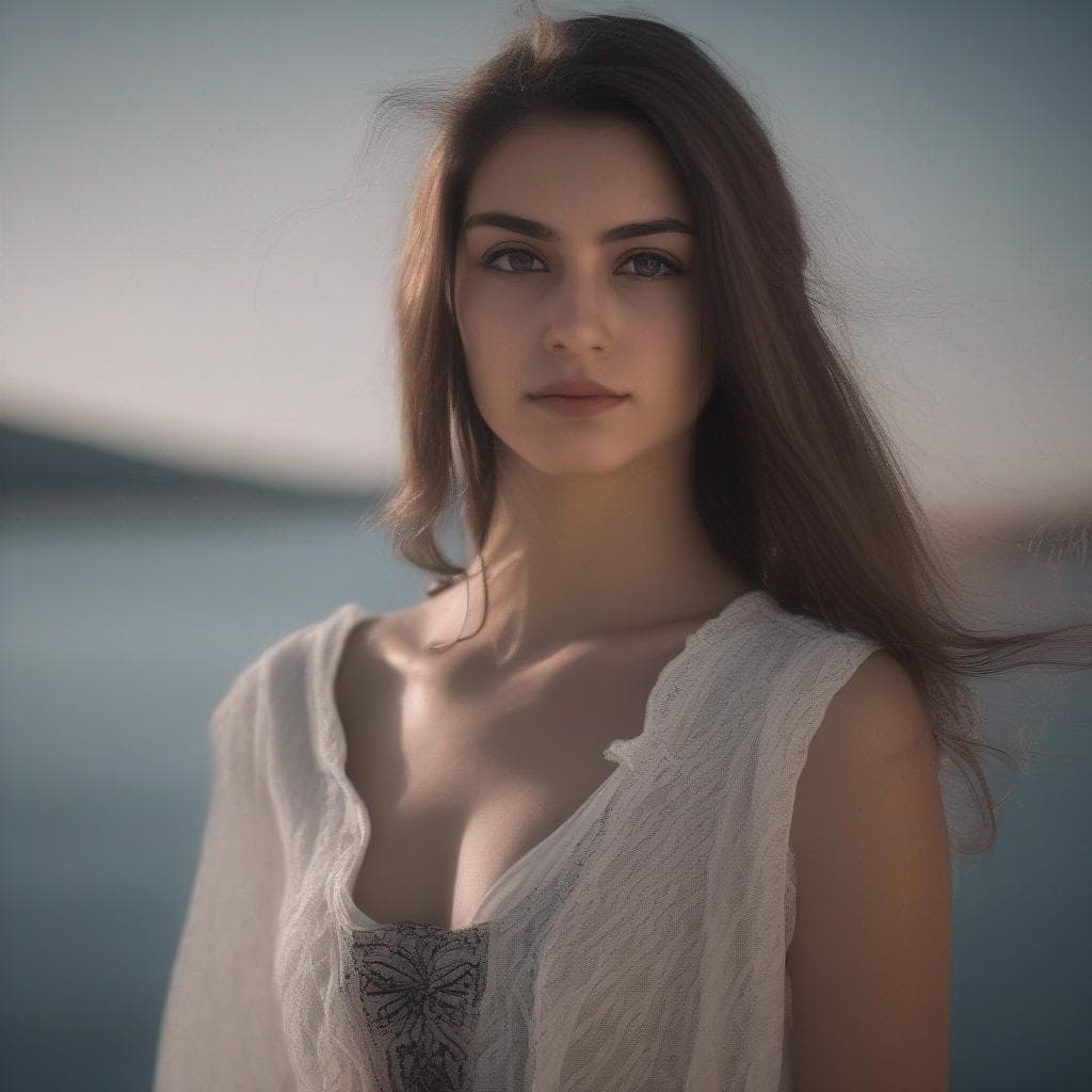 A woman in a white embroidered top standing by a calm lake, hair caught by the wind, muted blue-grey light.