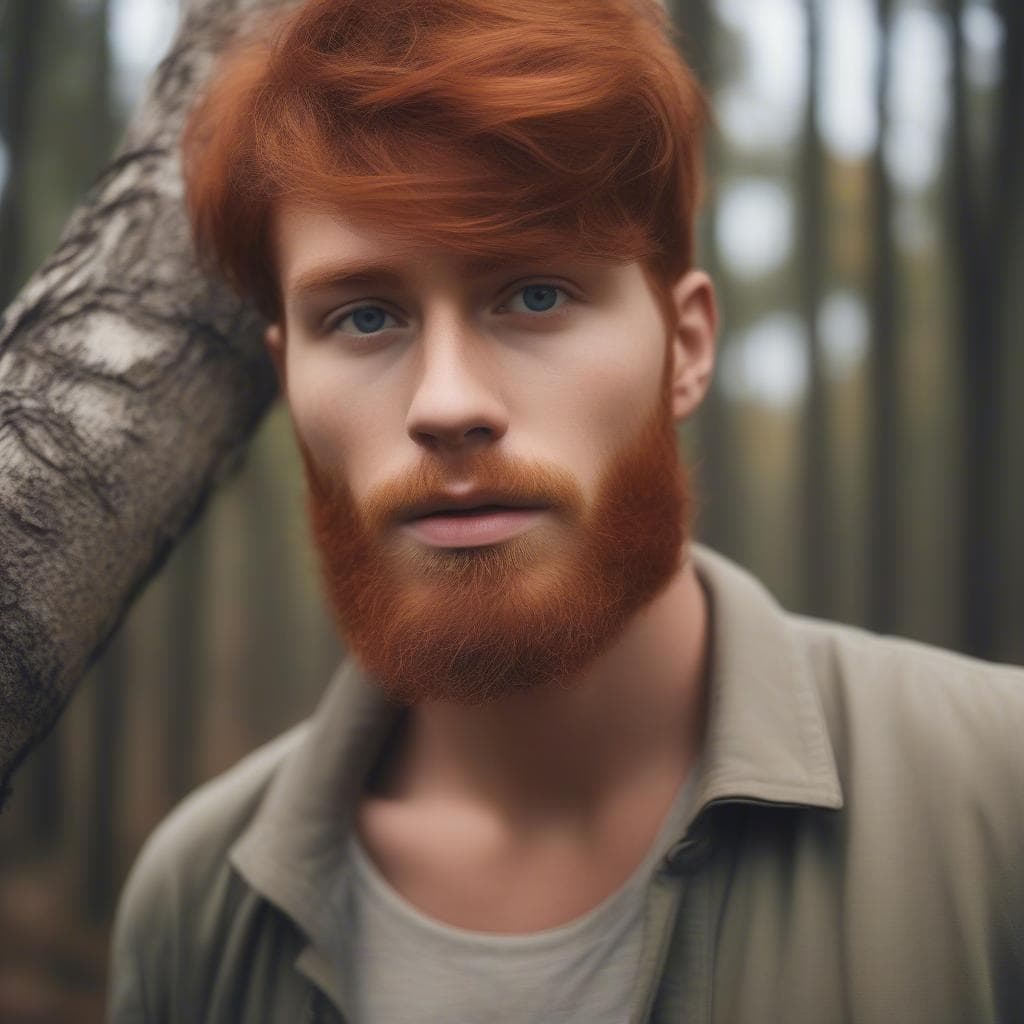 Close portrait of a man with red hair and a full red beard leaning against a tree, tall thin trees blurred behind him.