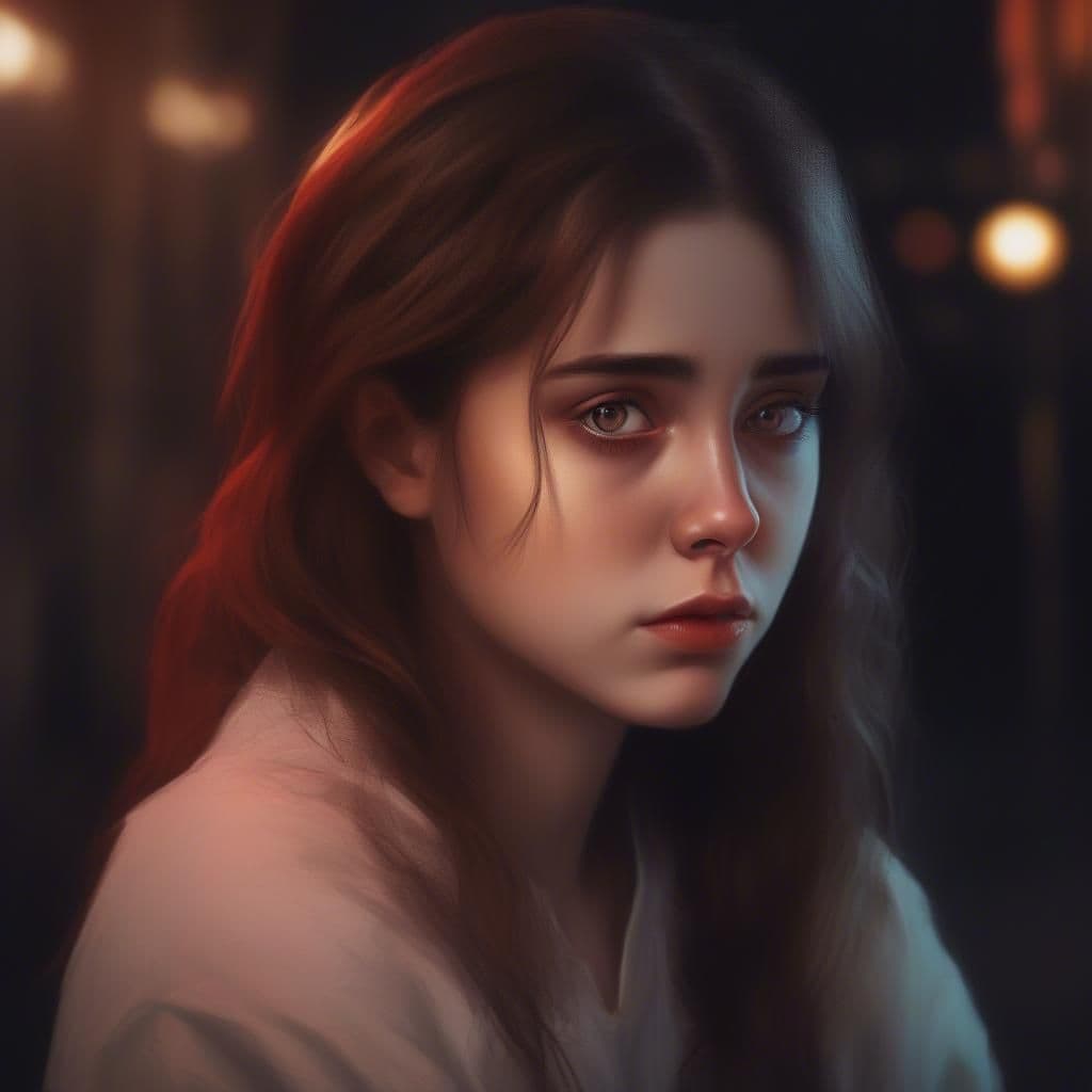 A pensive young woman lit from the side in warm amber, with out-of-focus street lights glowing behind her in the dark.