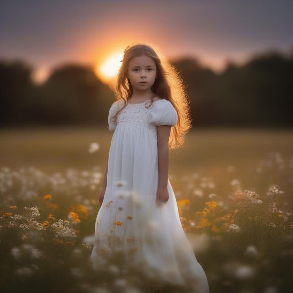 A girl in a long white dress standing in a meadow of wildflowers as the sun sets behind a dark treeline.