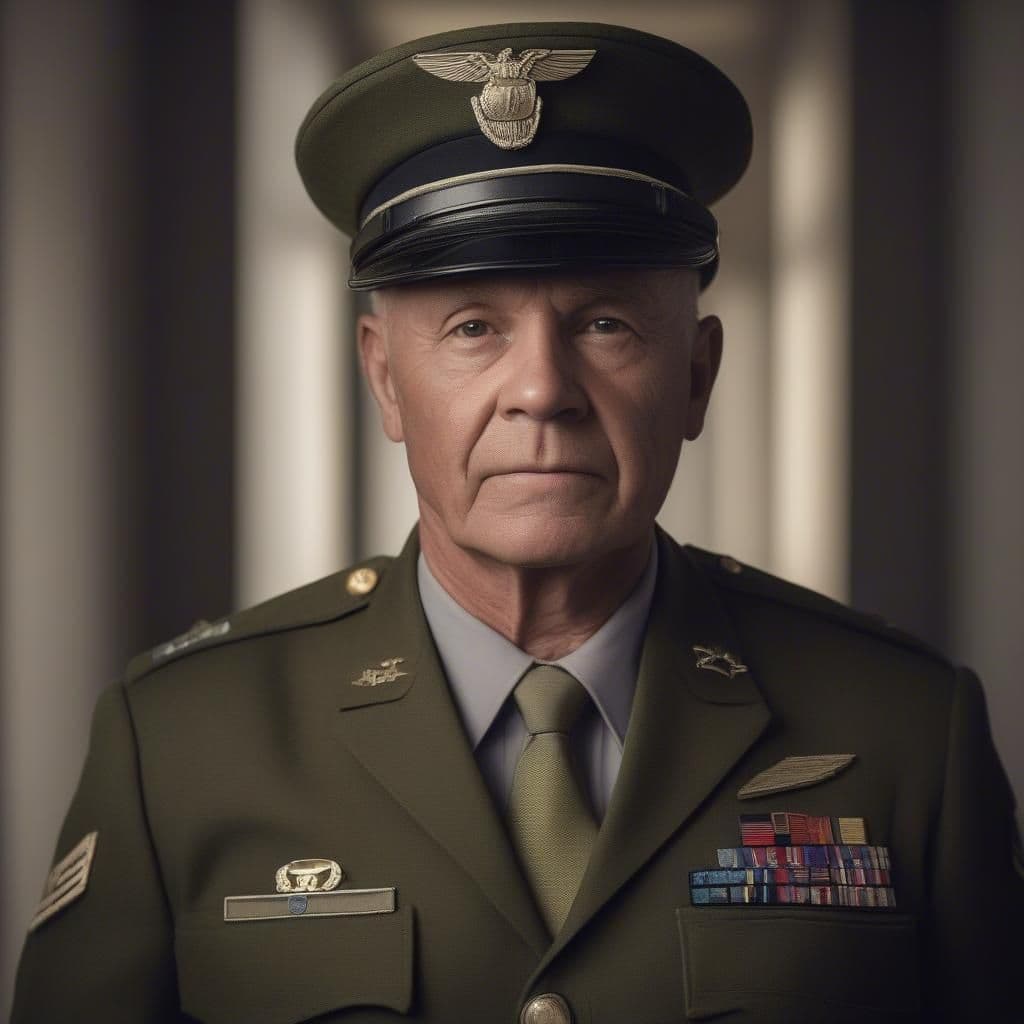 Formal portrait of an older military officer in olive dress uniform, peaked cap and service ribbons, against pale columns.